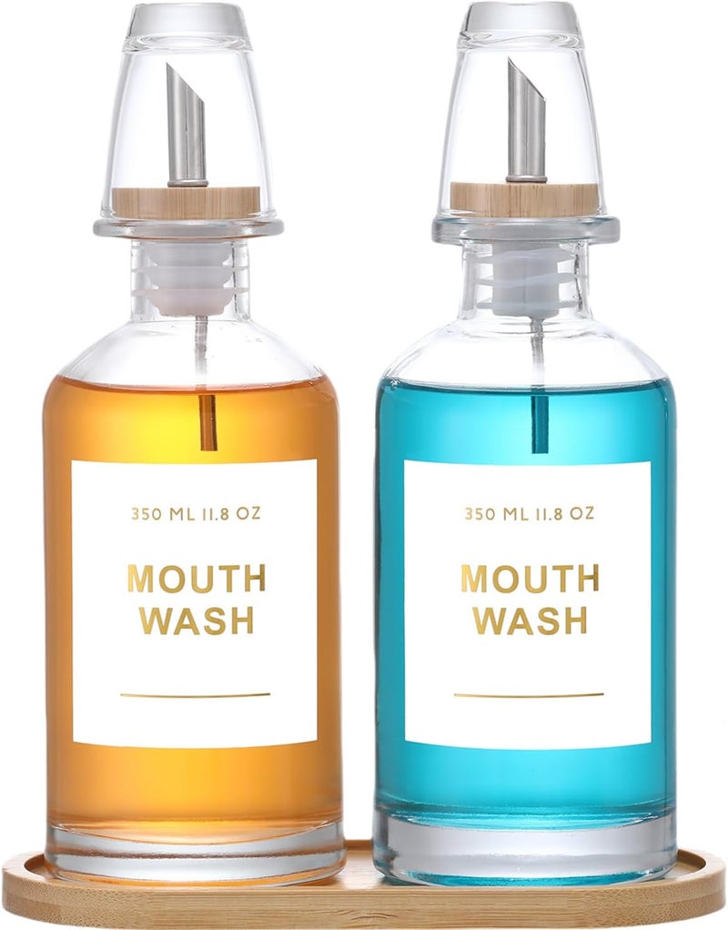 BONLONG 11.8OZ Glass Mouthwash Dispenser for Bathroom with Stainless Steel & Bamboo Nozzle, Mouthwash Cup Reusable, Bamboo Tray, and Elegant Gold Sticker.Set of 2（Clear - Image 1